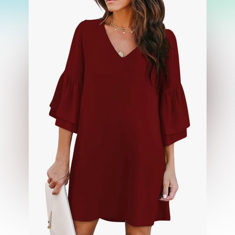 Wine Red Mini Loose Straight Fit 3/4 Bell Sleeve V-neck Short Party Dress Small
